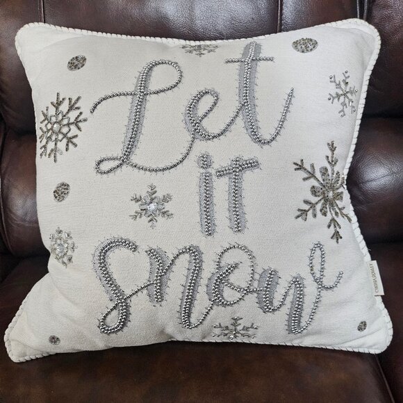 Cynthia Rowley Silver Beaded Snowflakes White Let it Snow Holiday Large Pillow - Picture 1 of 16